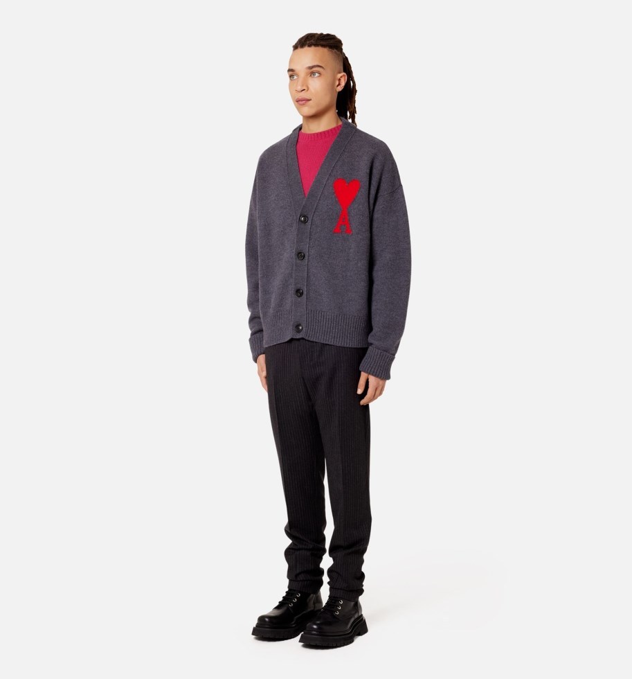 Ami Alexandre Mattiussi Heather Grey Wool Cardigan With Embroidered Logo In Gray