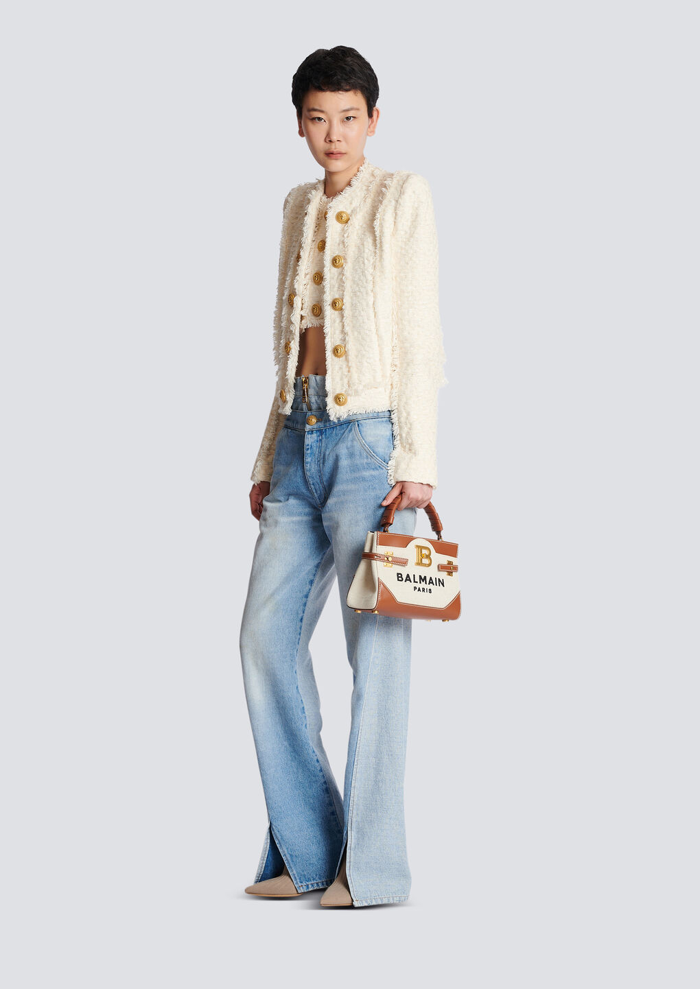 Shop Balmain B-buzz 22 Canvas Top Handle Bag With Leather Insert In Multicolor