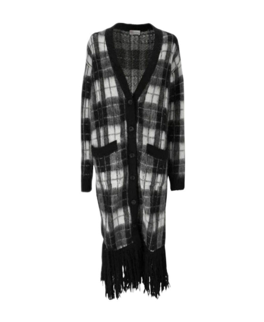 Red Valentino Zz Cardigan With Plaid Fringed Fringe In Black