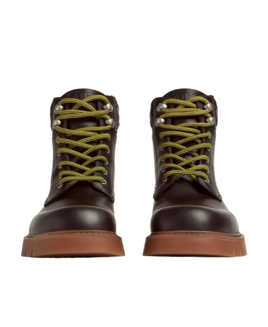 Bottega Veneta Haddock Calfskin Intrecciato Combat Booties In Brown