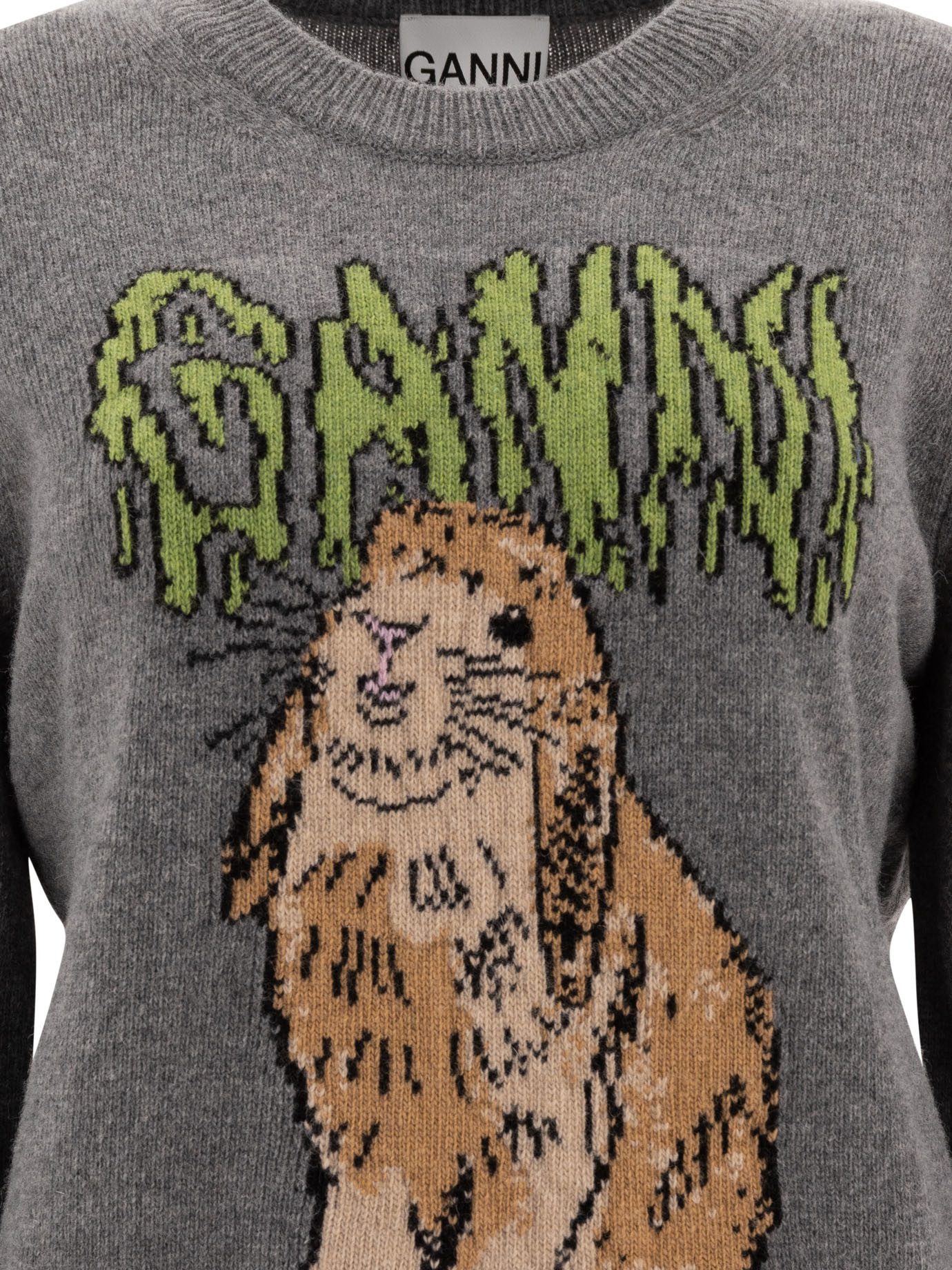 Ganni Bunny Wool Crewneck Sweater In Gray