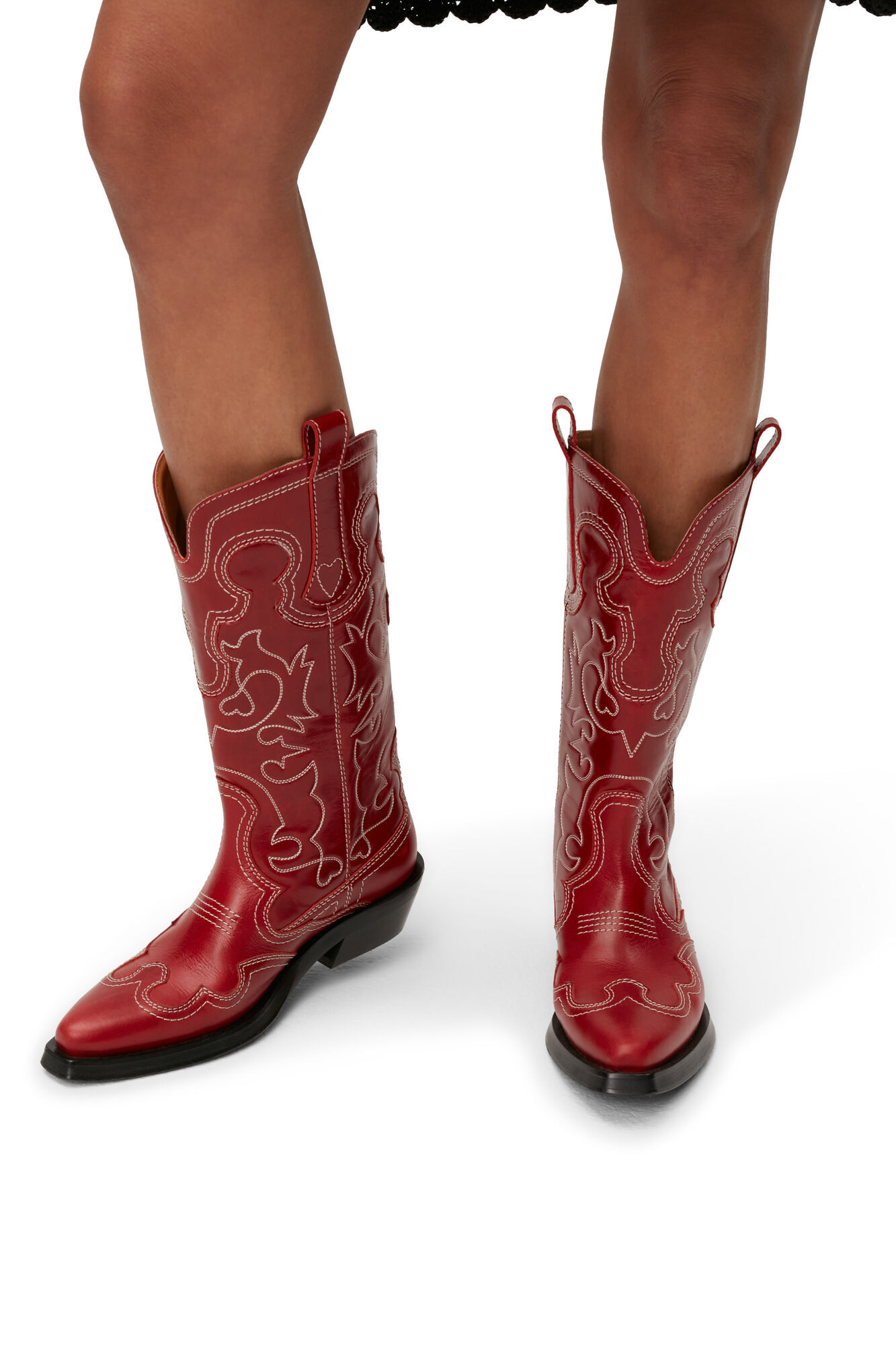 Ganni Mid Shaft Embroidered Western Boots In Red