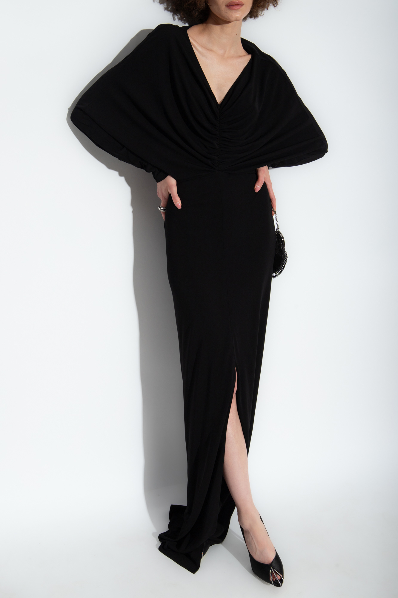 Saint Laurent V-neck Draped Dress In Black