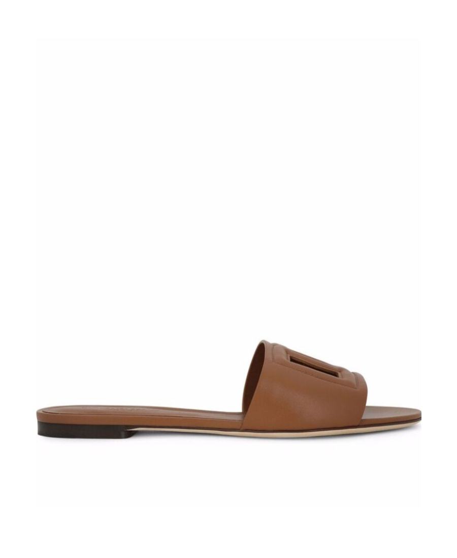 Dolce & Gabbana Slide Sandals With Cut Out Logo In Brown
