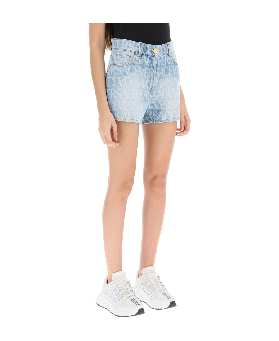 Versace Logo-print Denim Shorts In Blue