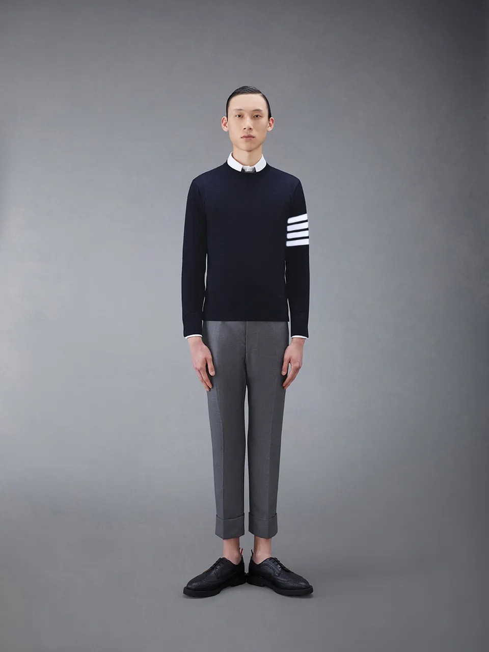 Thom Browne Ribbed Hem Crewneck Striped Sleeve Button Cuffs In Black
