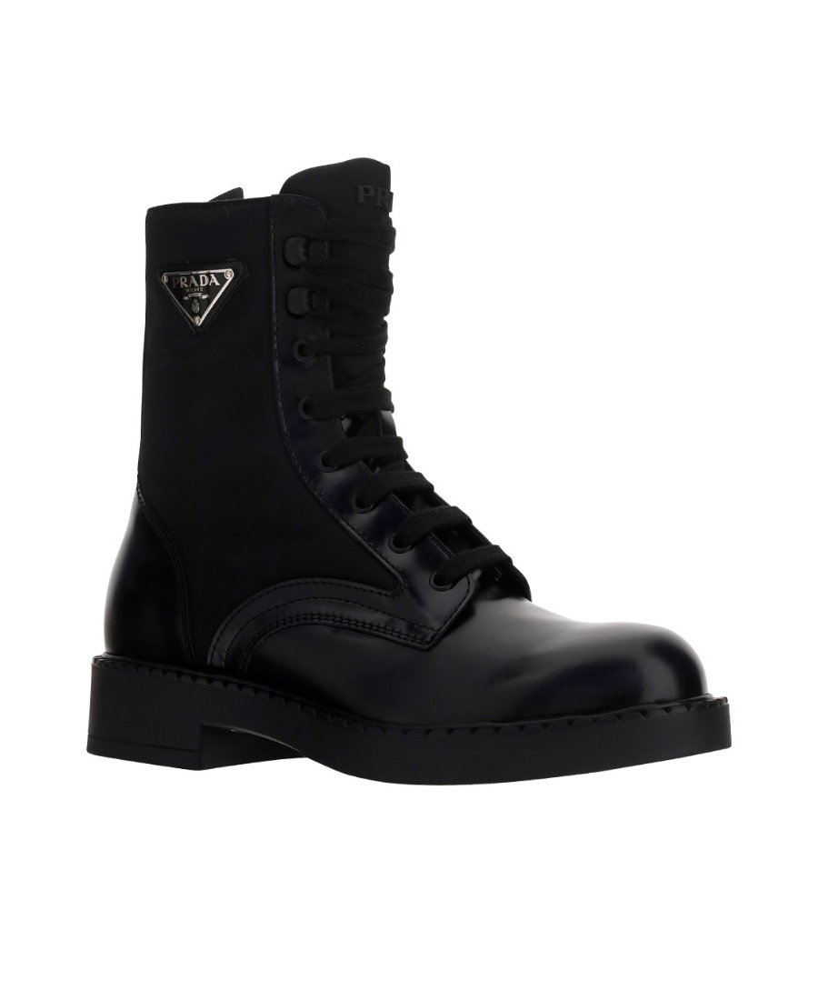 Prada Lace-up Leather Combat Boots In Black