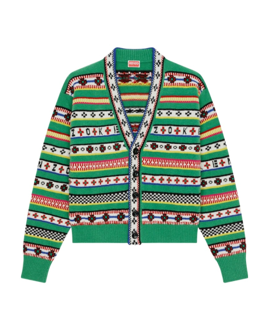 Kenzo Regular Fit Jacquard Wool Cardigan In Green
