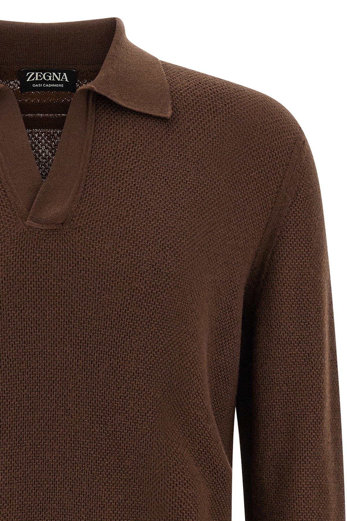 Zegna Cashmere Polo Sweater Textured Knit In Brown