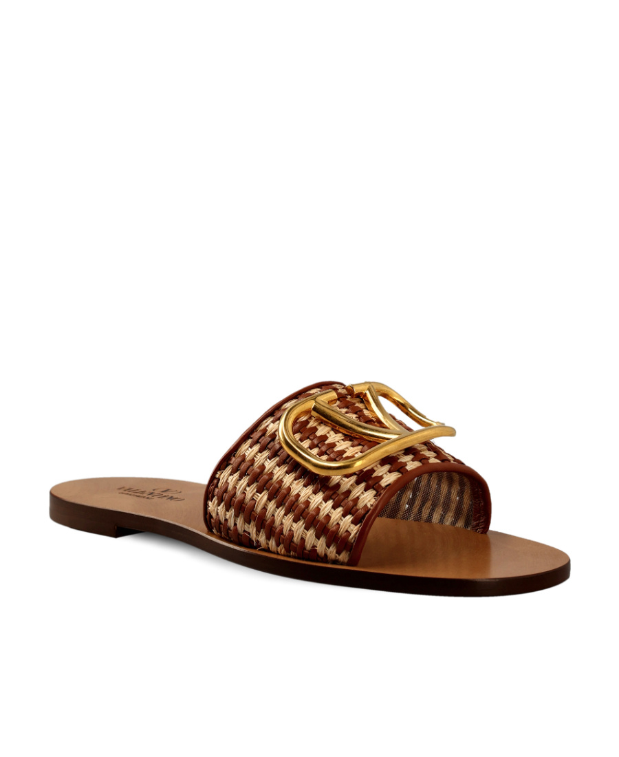 Valentino Vlogo Signature Woven Slide Sandals In Brown