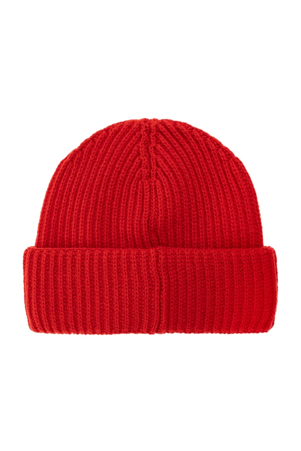Moncler Ribbed Logo-plaque Beanie In Red