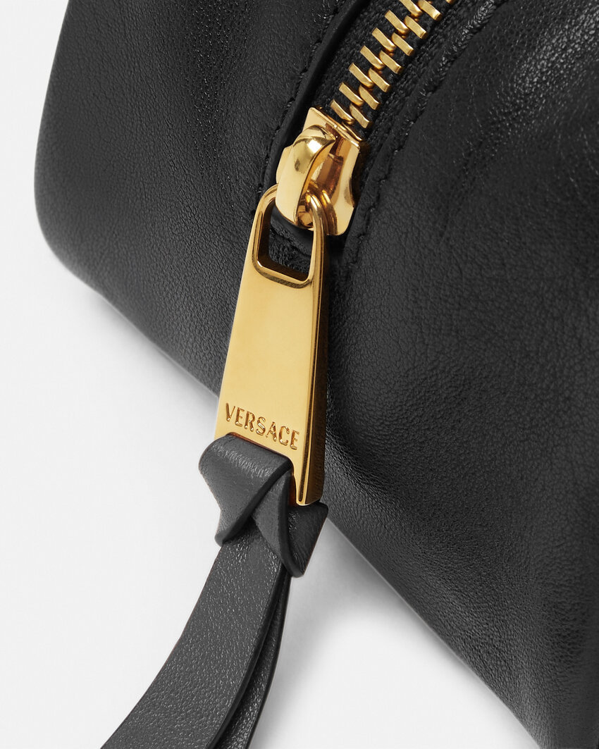 Versace Tag Bowling Black Shoulder Bag With Metallic Logo Lettering And Medusa Head Pendant In Leather Woman In Black