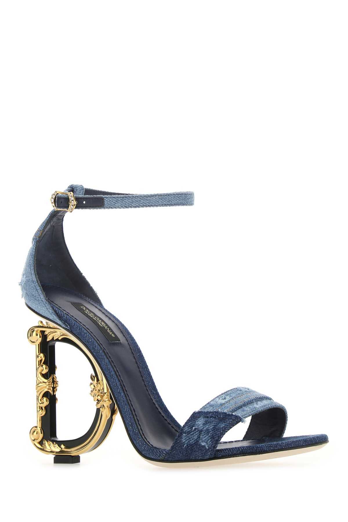 Dolce & Gabbana Patchwork Denim Sandals With Baroque Dg Heel In Blue