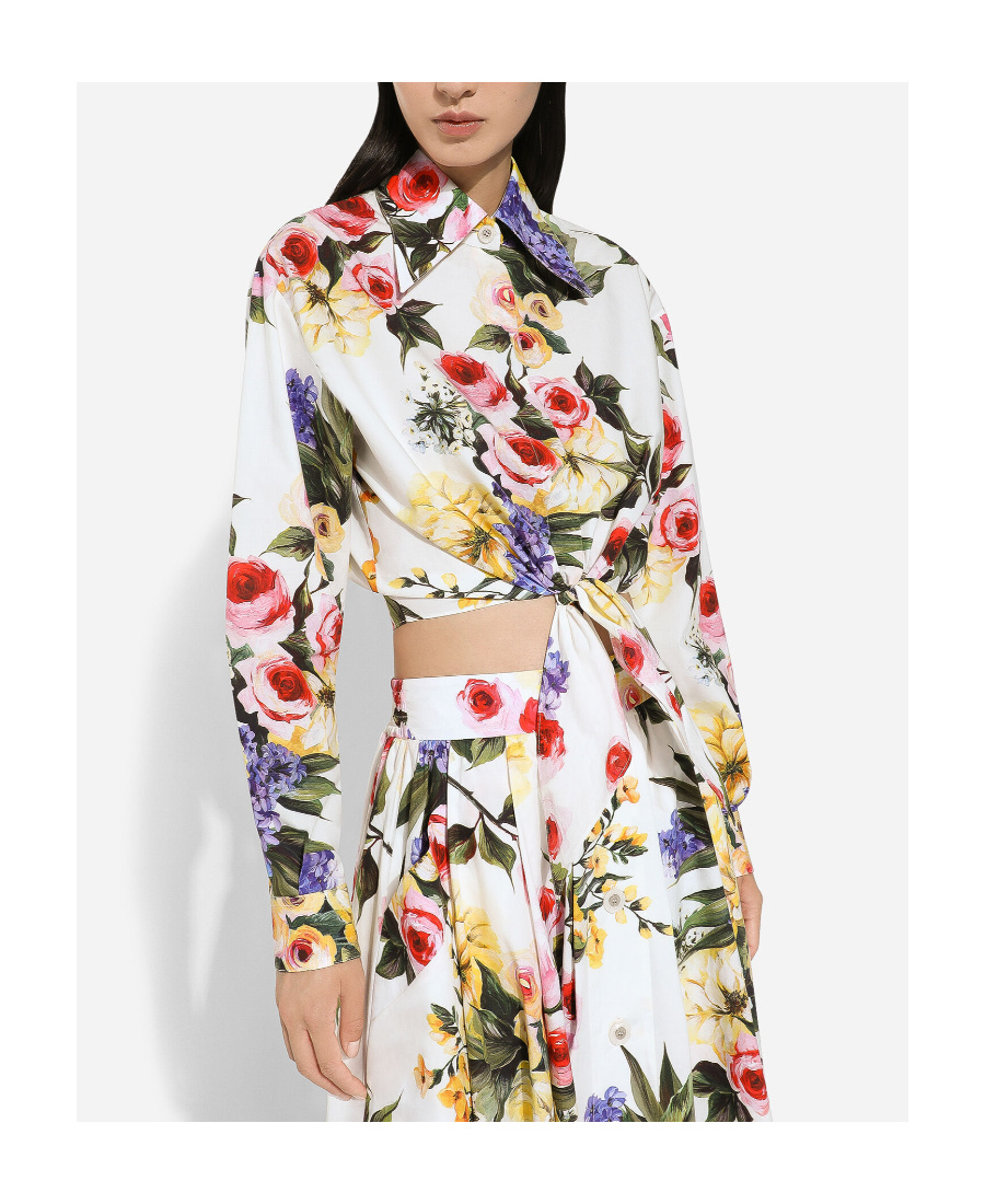 Dolce & Gabbana Floral Print Cropped Poplin Shirt With Front Tie In White