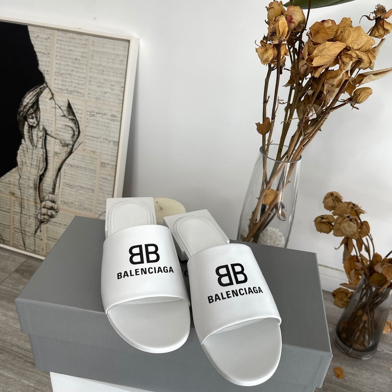 Balenciaga Box Mule Leather Sandals In White
