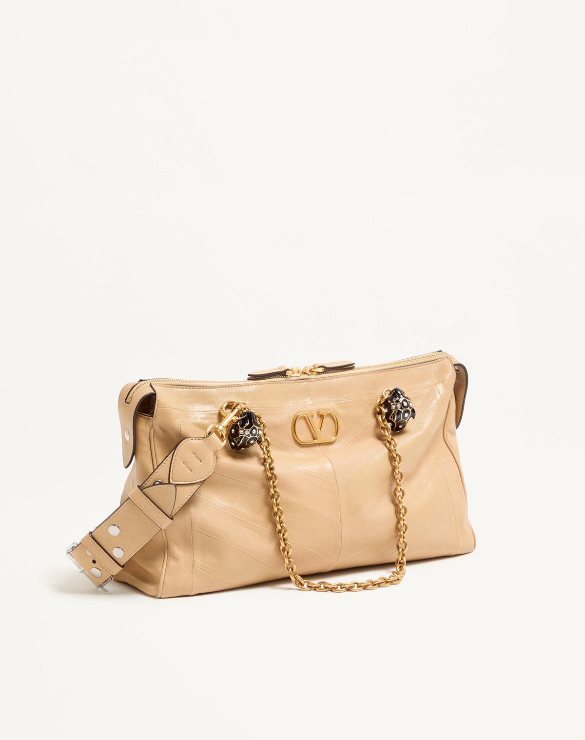 Valentino Garavani Panthea Shoulder Bag In Nappa Leather With Chevron Pattern In Neutral