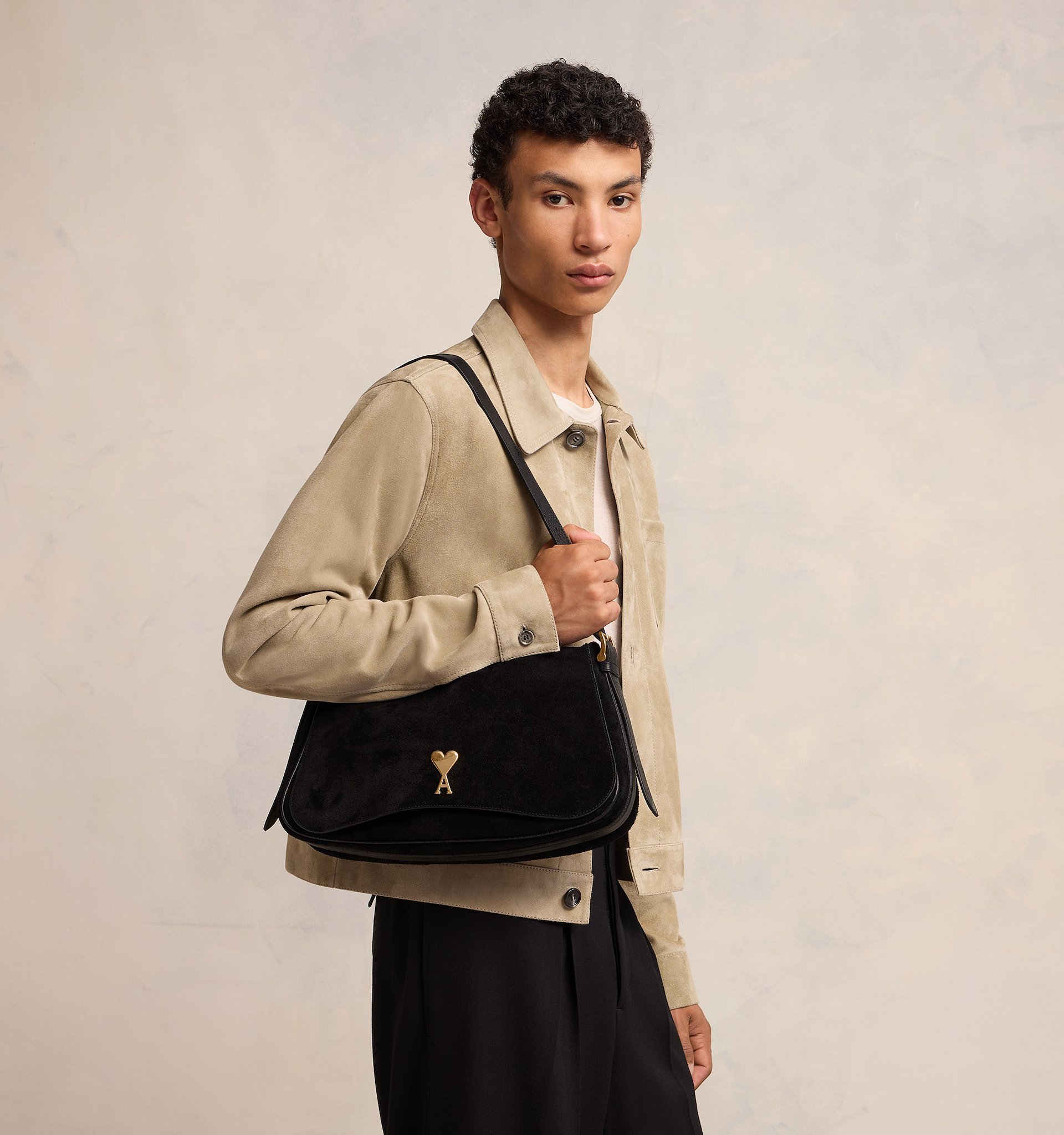 Ami Alexandre Mattiussi Paname Paname Suede Shoulder Bag In Black