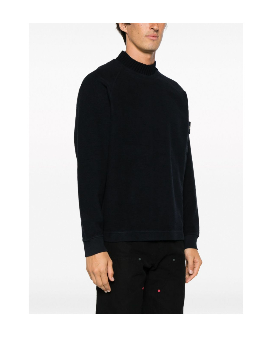 Stone Island Black Sweater With High Neck And Patch Logo On The Sleeve In Wool In Blue