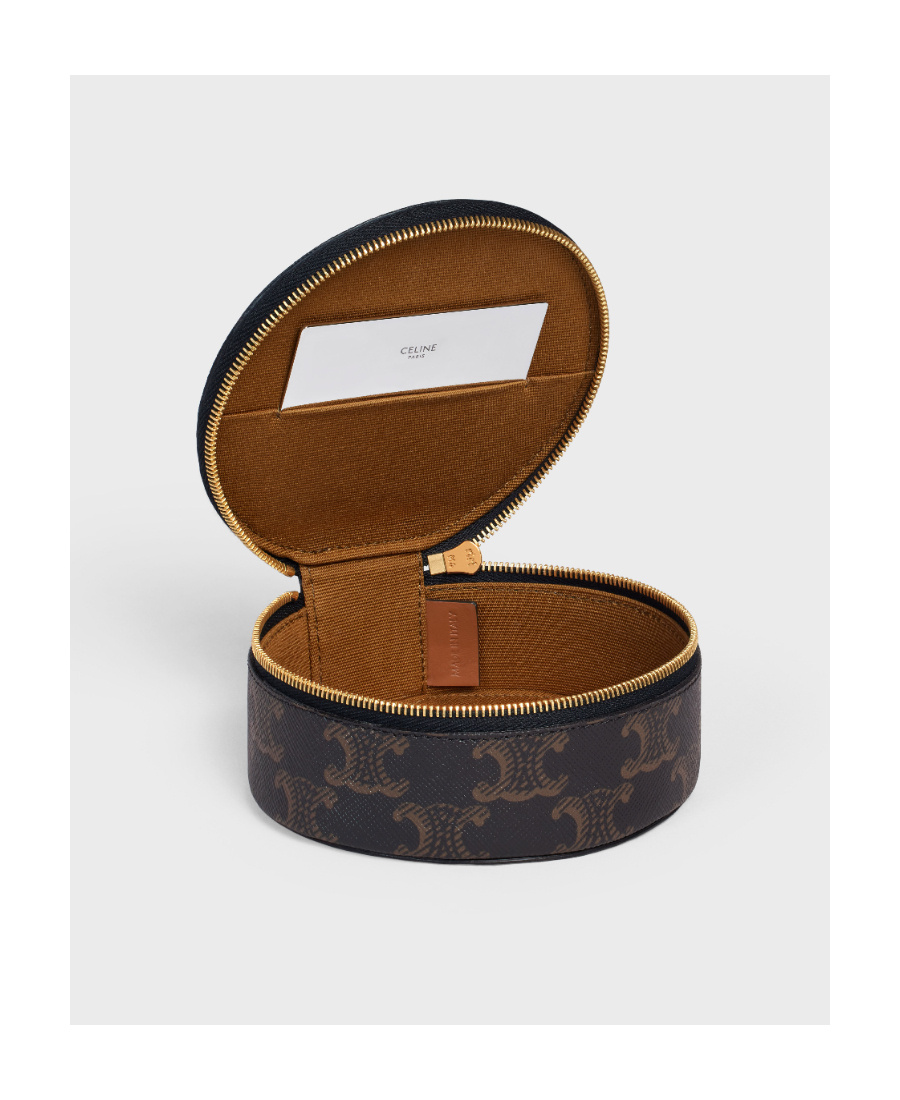 Celine Zipped Round Case In Triomphe Canvas And Calfskin In Black