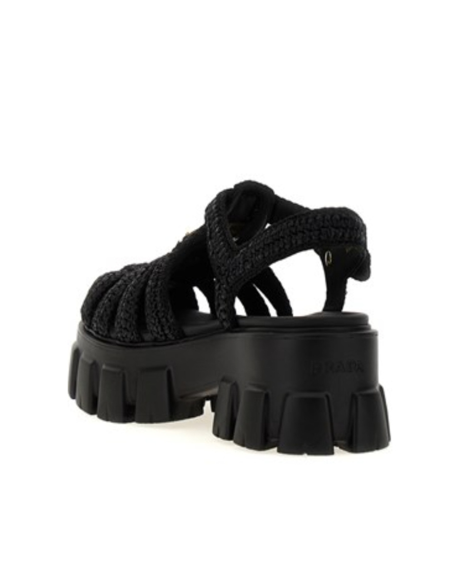 Prada Womens Black Monolith Logo-plaque Chunky-sole Caged Crochet Sandals In Black