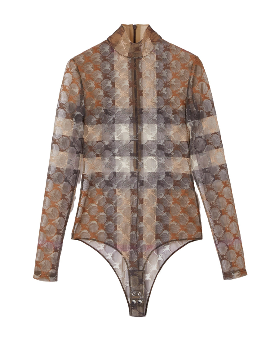 Shop Burberry Ekd Check Stretch Tulle Turtleneck Bodysuit In Brown