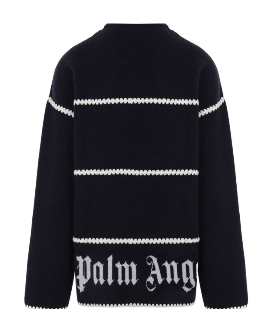 Palm Angels Navy And White Knit Sweater With Paint Monogram Stripes In Black