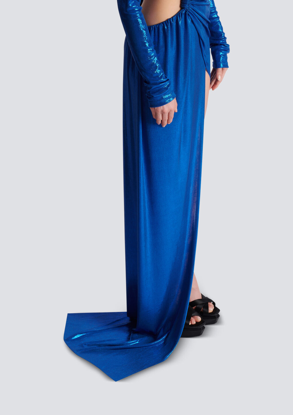 BALMAIN DRAPED JERSEY LAMÉ DRESS