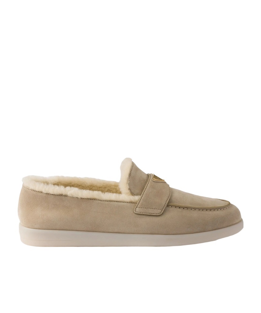 Prada Suede Shearling Loafers In Brown