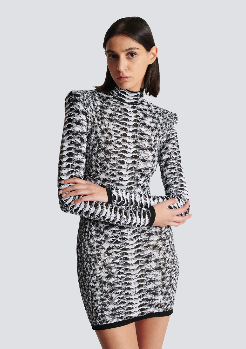 Balmain Long Sleeved Bodycon Dress With Jacquard Animalier Motif In Gray
