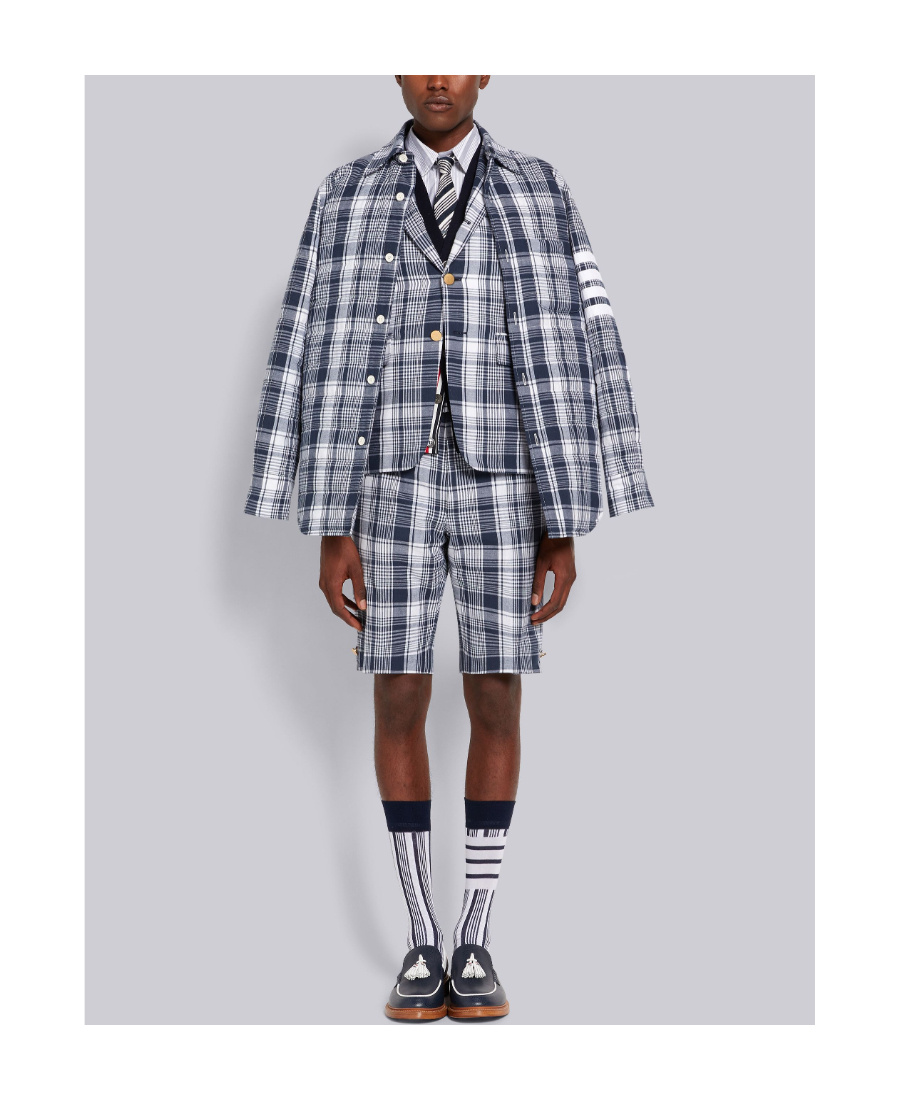 Thom Browne Navy Blue Plaid Armband Suit Jacket In Gray