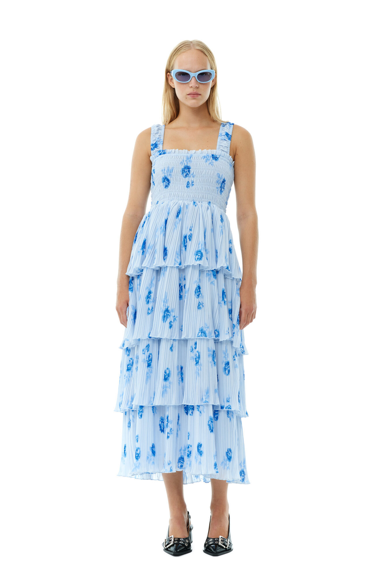 Ganni Ruffled Shirred Pleated Georgette Midi Dress In Blue