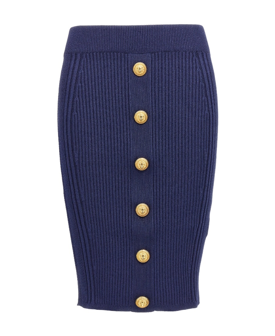 Balmain Blue Pencil Skirt With Gold Buttons In Blue