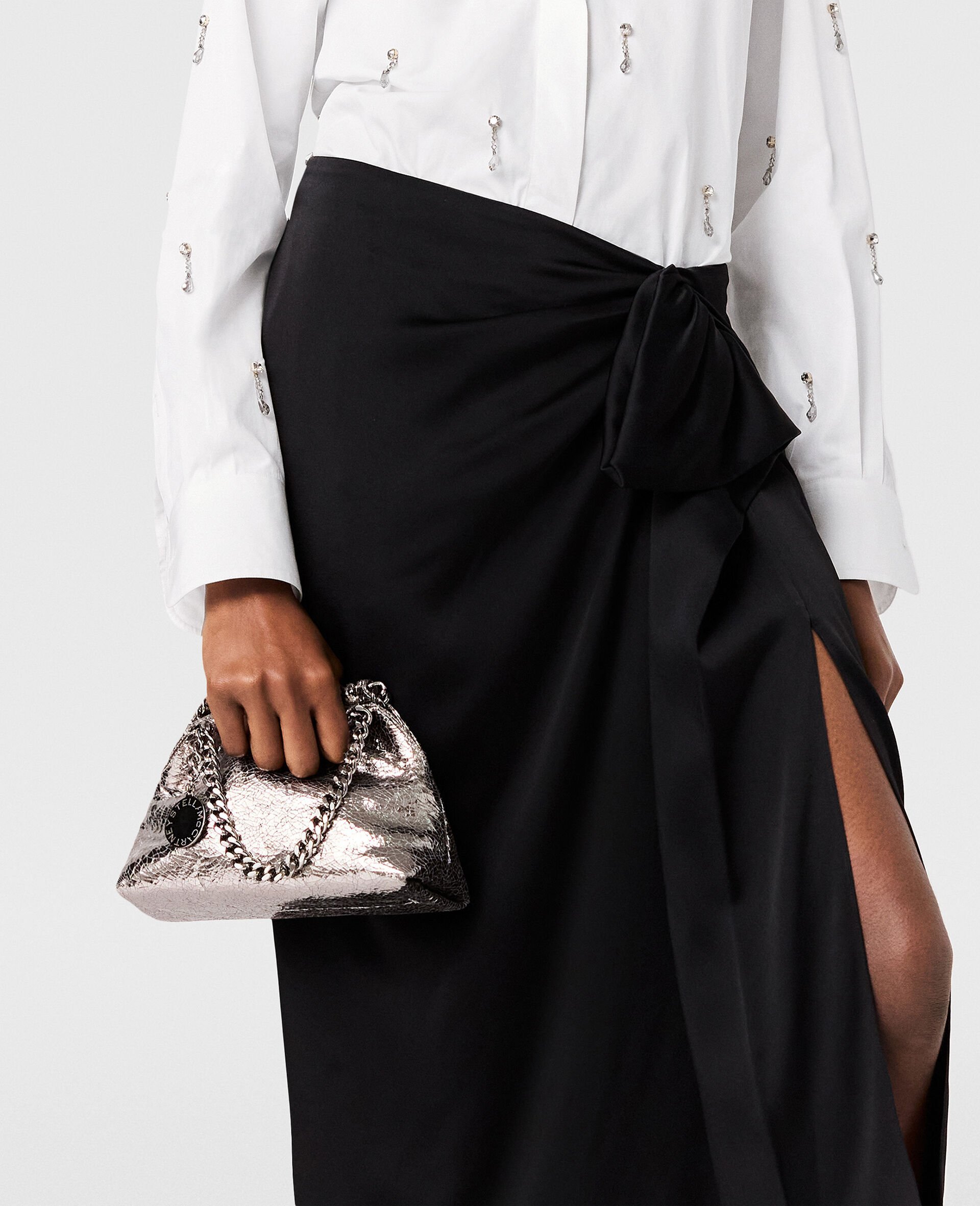 Stella Mccartney Falabella Cracked Metallic Drawstring Crossbody Bag In Gray