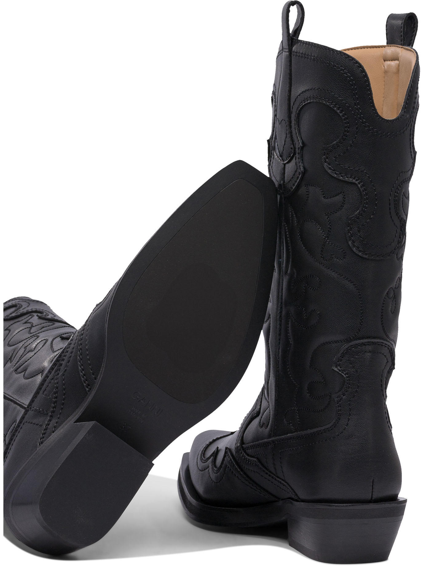 Ganni Black Mid Shaft Embroidered Western Boots In Black