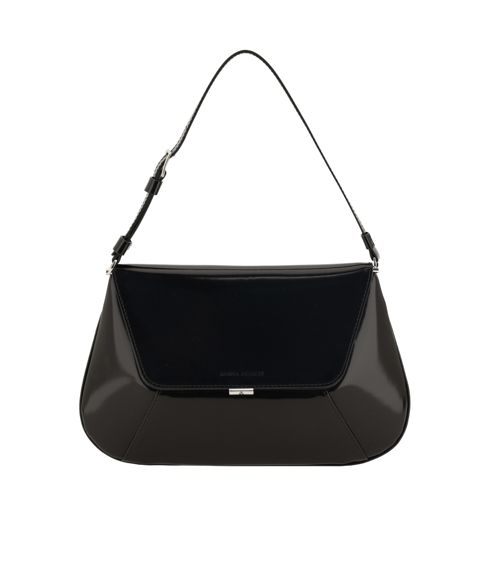 Amina Muaddi Leather Handbag With Curved Base And Reptile Motif Embossing In Black