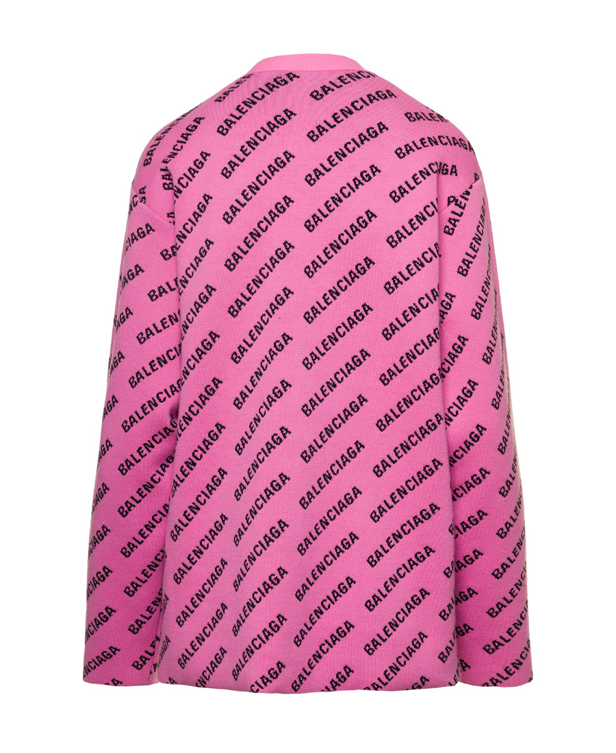Balenciaga Logo V-neck Ribbed Knit Cardigan In Pink