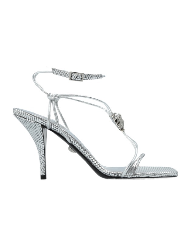 Versace Open Toe High Heel Sandals In Gray