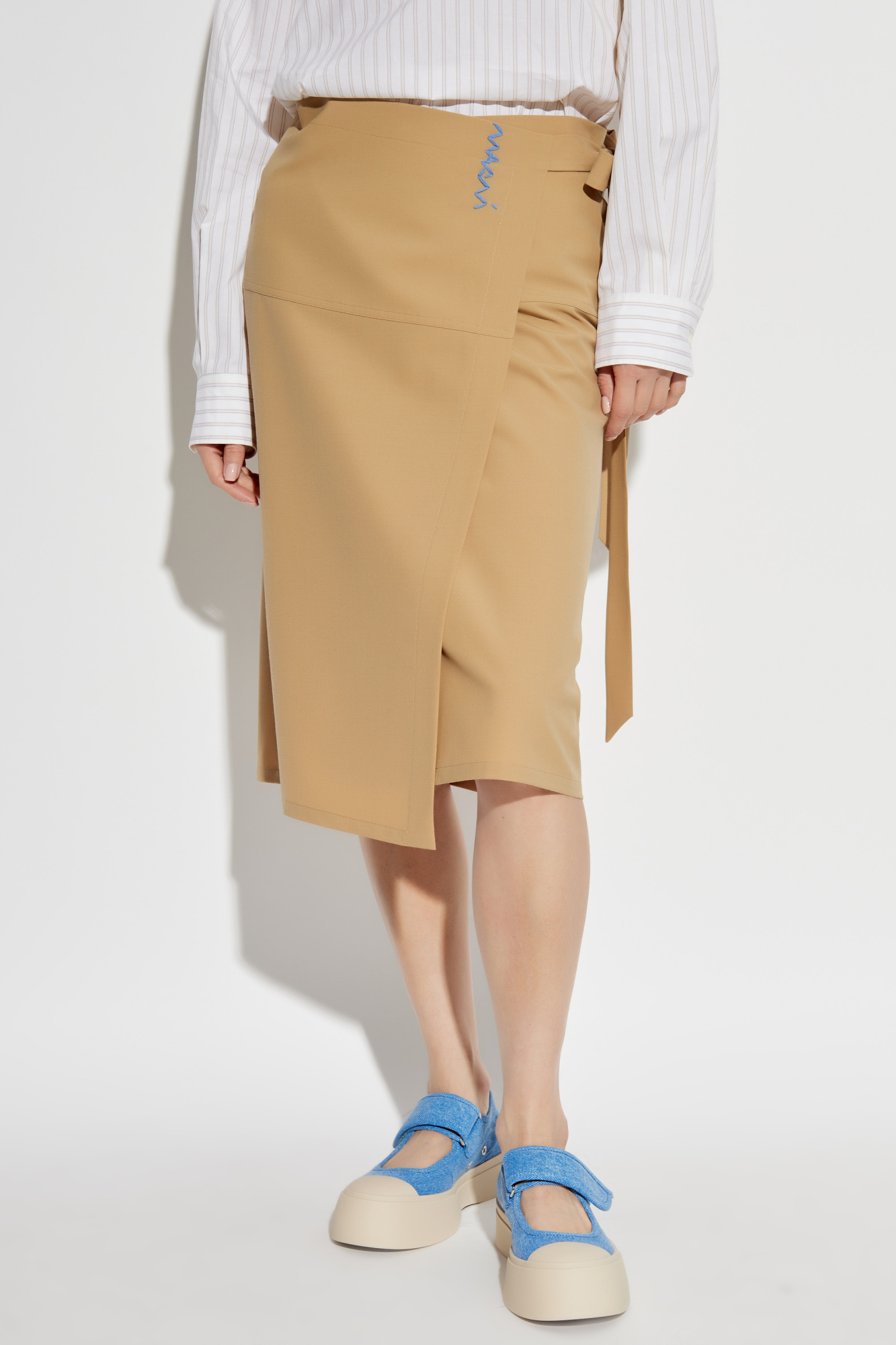 Marni Camel Midi Skirt With Bow On The Side In Nude