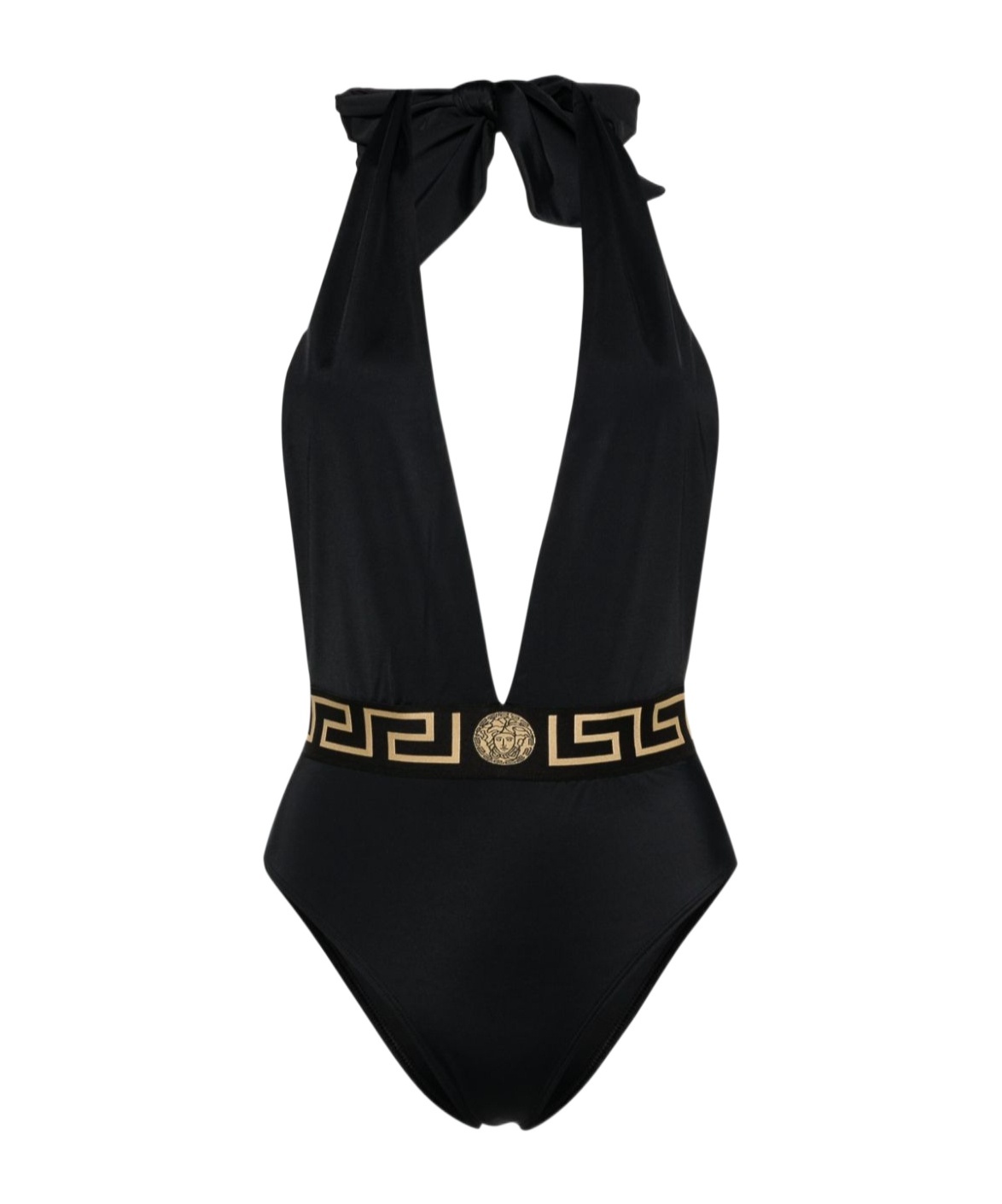 Versace Greca-waistband V-neck Swimsuit In Black