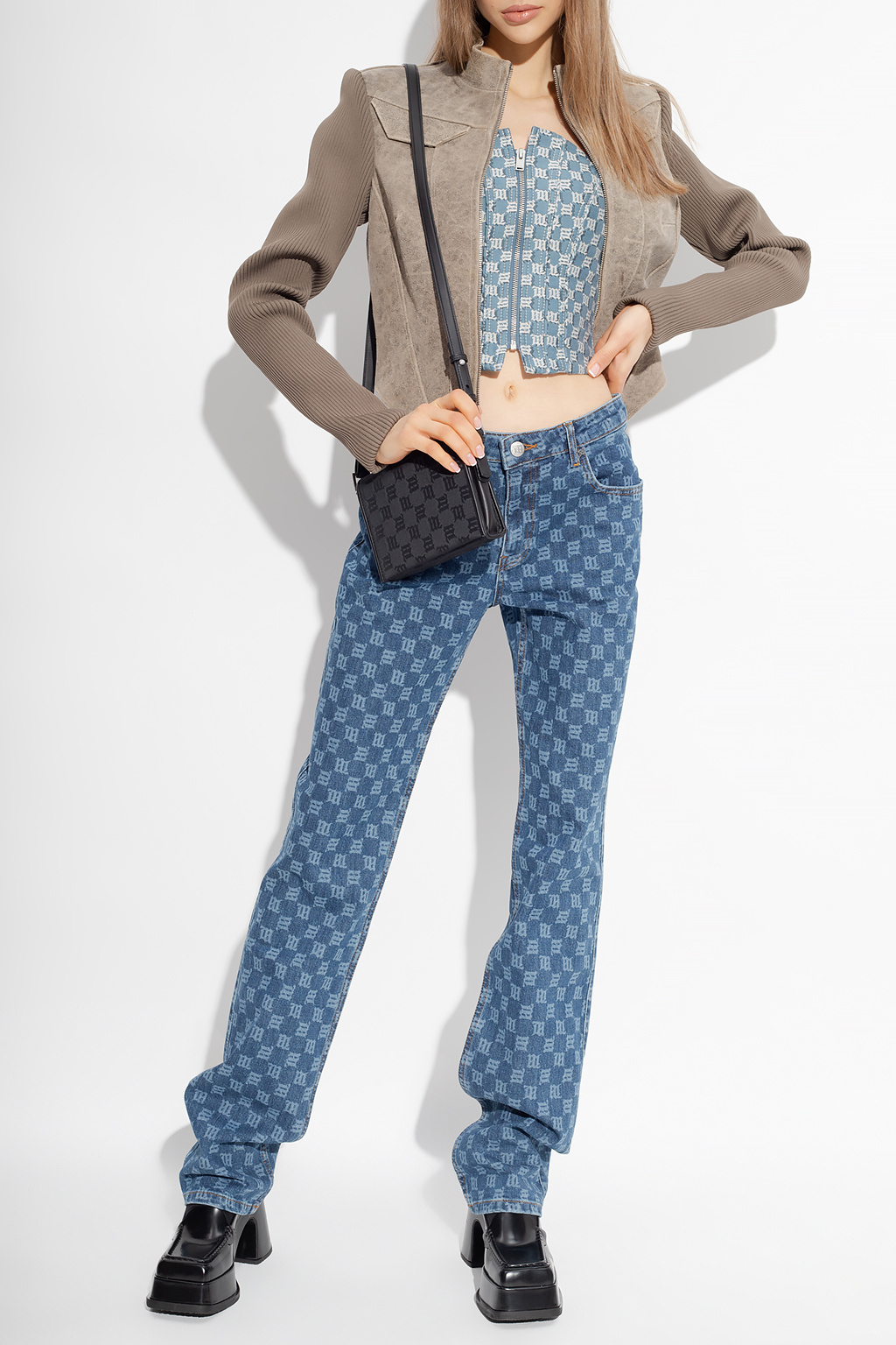 Misbhv Monogram-jacquard Strapless Corset Top In Blue