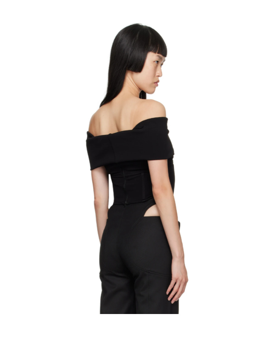 Misbhv Fitted Off-the-shoulder Textured Corset Top In Black