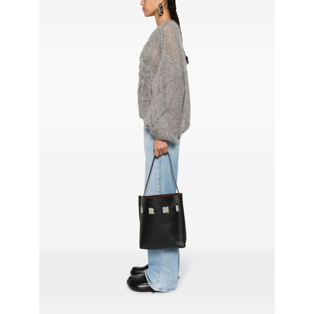 Marni Black White Leather Museo Hobo Bag With Patches In Black
