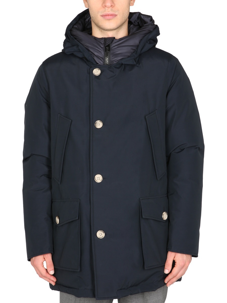 Woolrich Button-up Padded Hooded Coat In Black