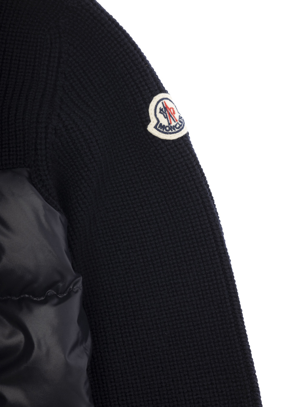 Moncler Black Hooded Cardigan With Logo Patch In Wool And Tech Fabric Boy In Blue