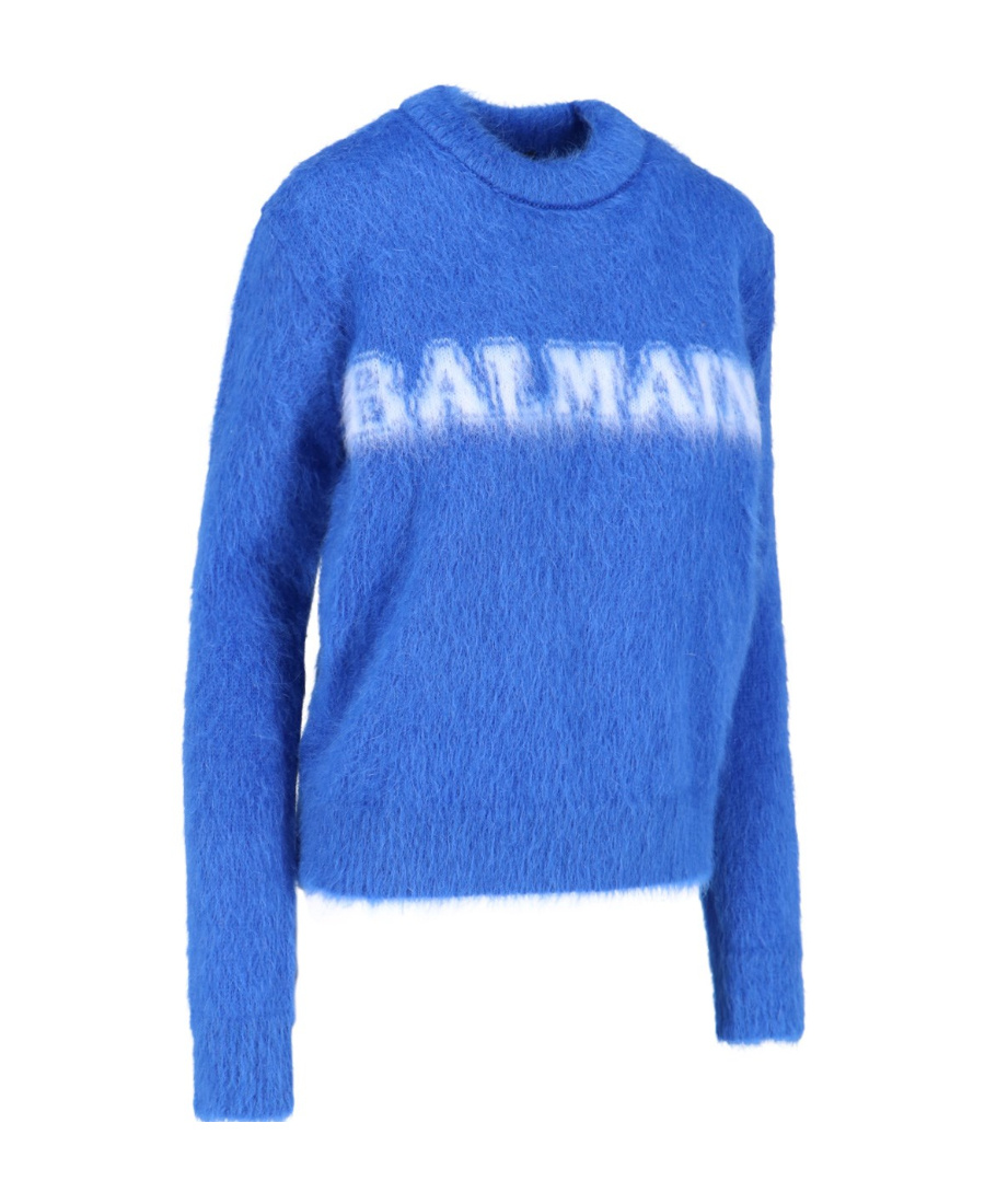 Balmain Logo Jacquard Crewneck Knitted Jumper In Blue