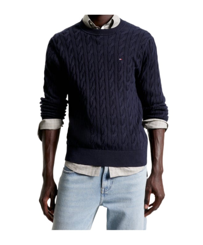 Tommy Hilfiger Cable-knit Crew-neck Sweater In Black