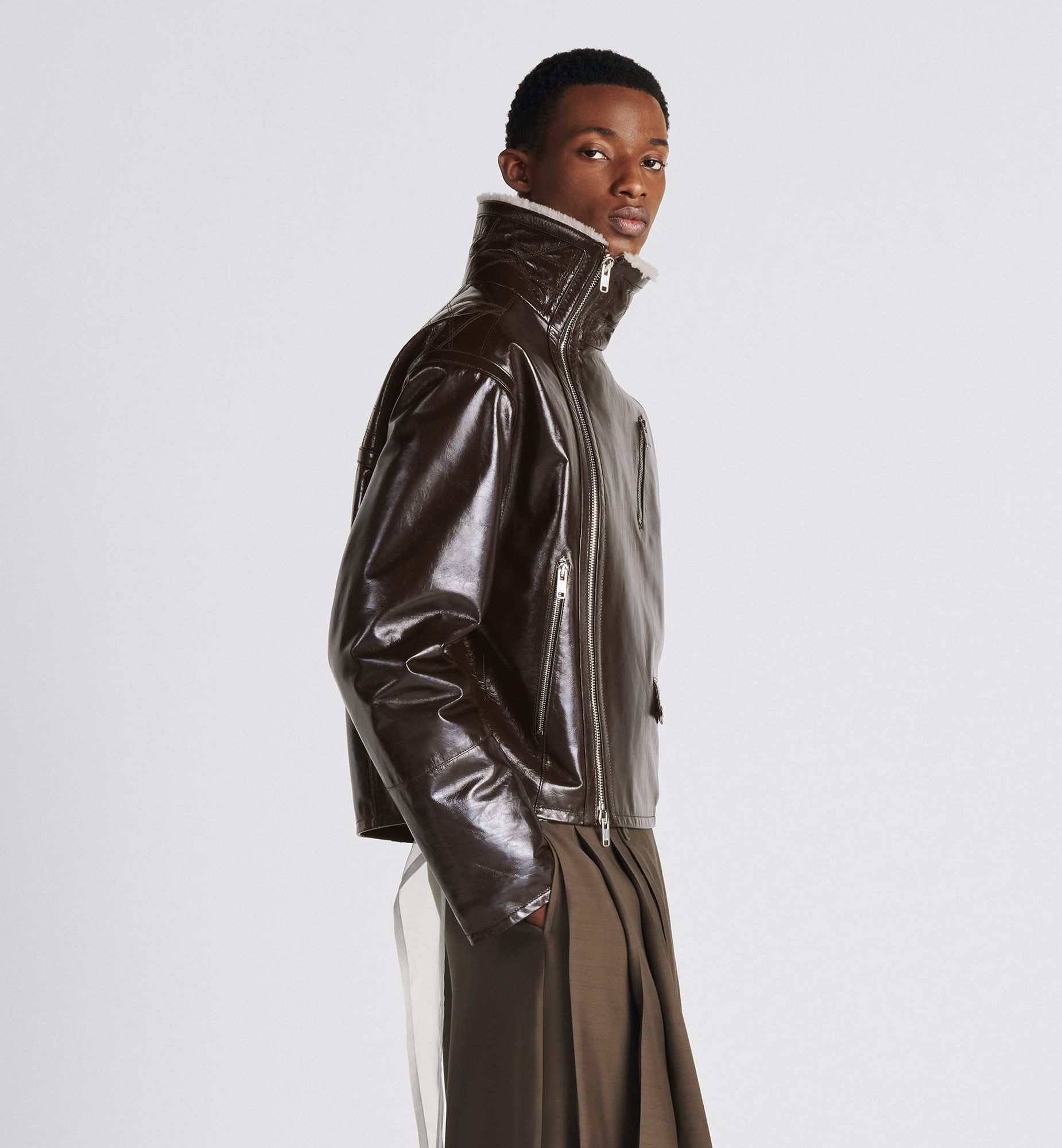 Dior Long-sleeved Leather Jacket With Wool Collar In Brown