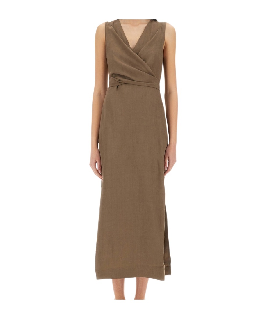 Brunello Cucinelli Wrap Effect Linen Dress In Brown
