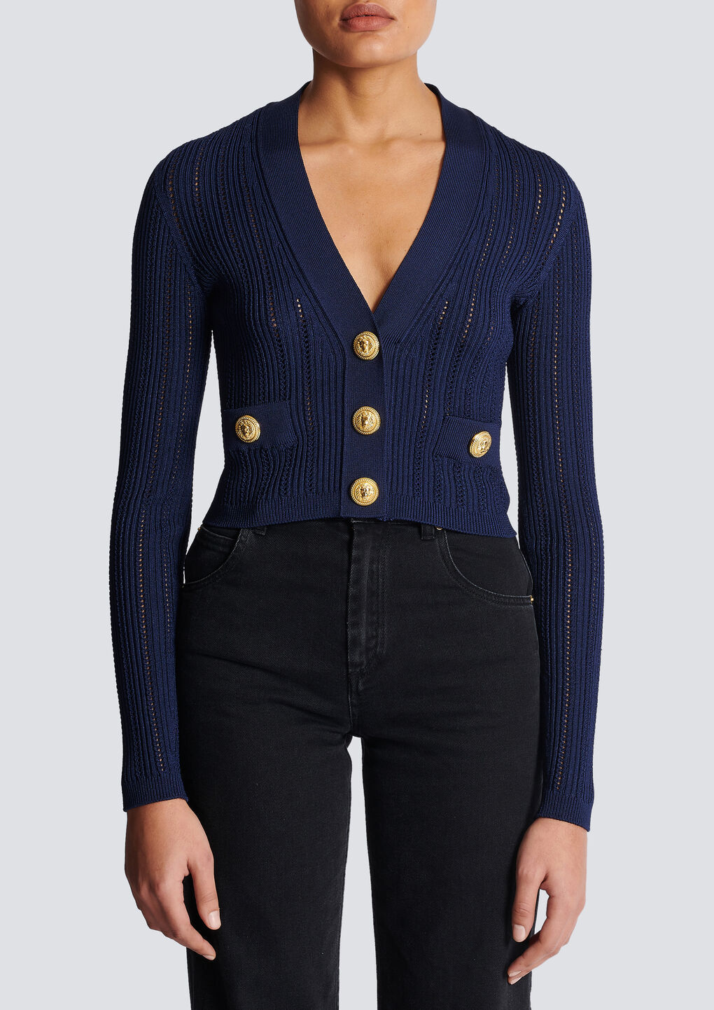 Balmain Ladies Marine Cropped Knit Cardigan In Blue