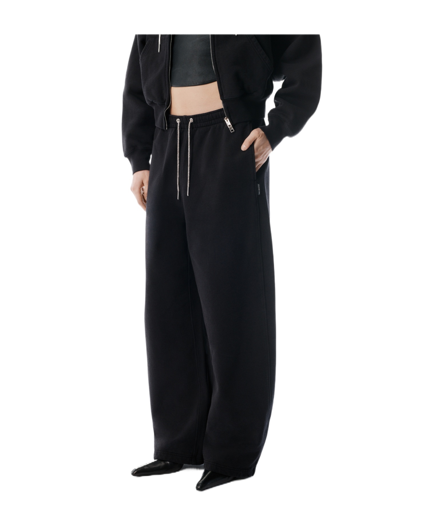 Alexander Wang Black Cotton Terry Sweatpant With Crystal Hotfix Drawcord In Black